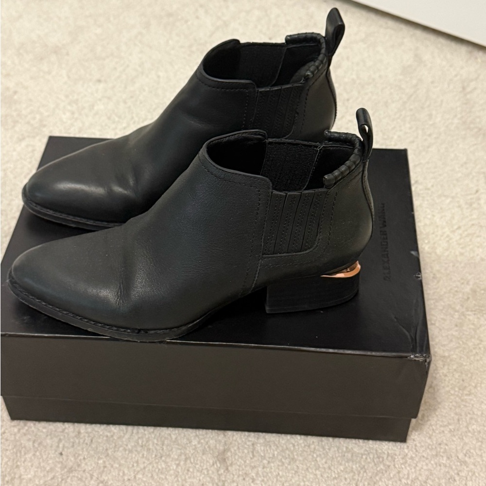 Alexander Wang Black Leather Chelsea Ankle Boots with Rose Gold Heel Accent